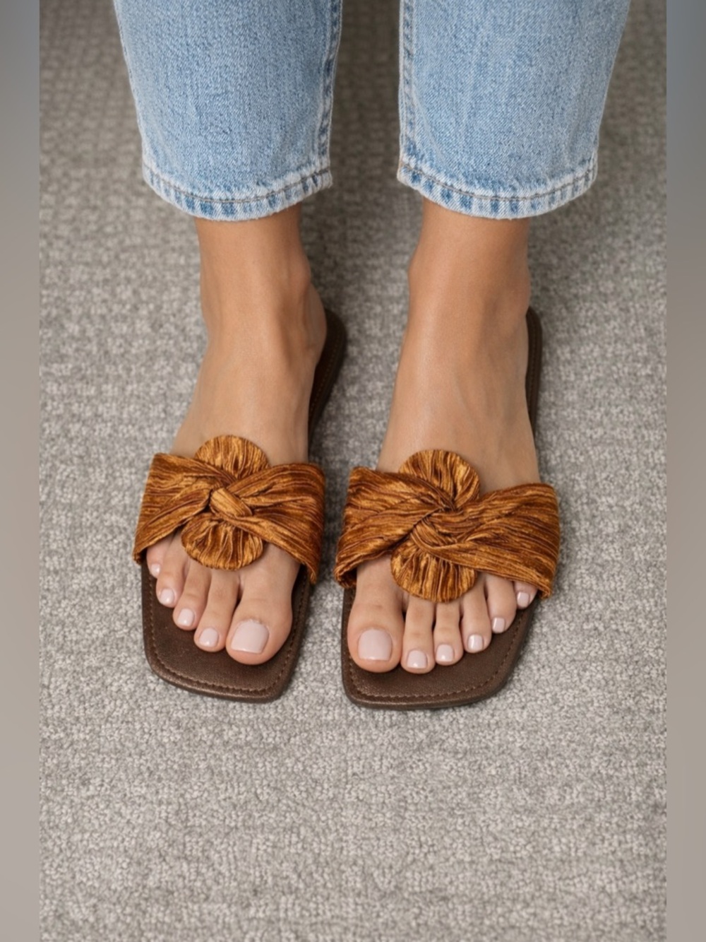 Women's Brown Gold Bow Knot Slip-On Slide Sandals Casual Summer Spring Size 10